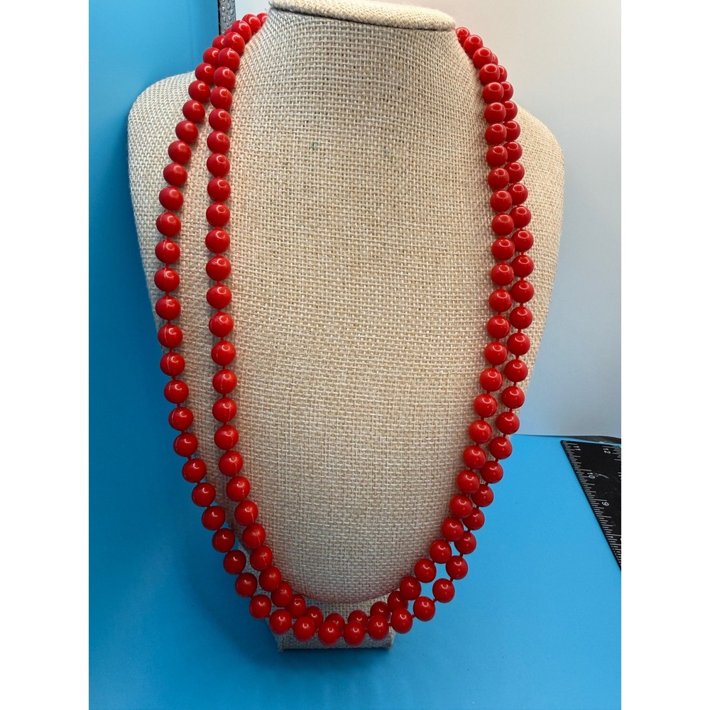 Vintage Red Beaded Necklace Long Strand 48‎ Inch Plastic Round Beads Cherry Red